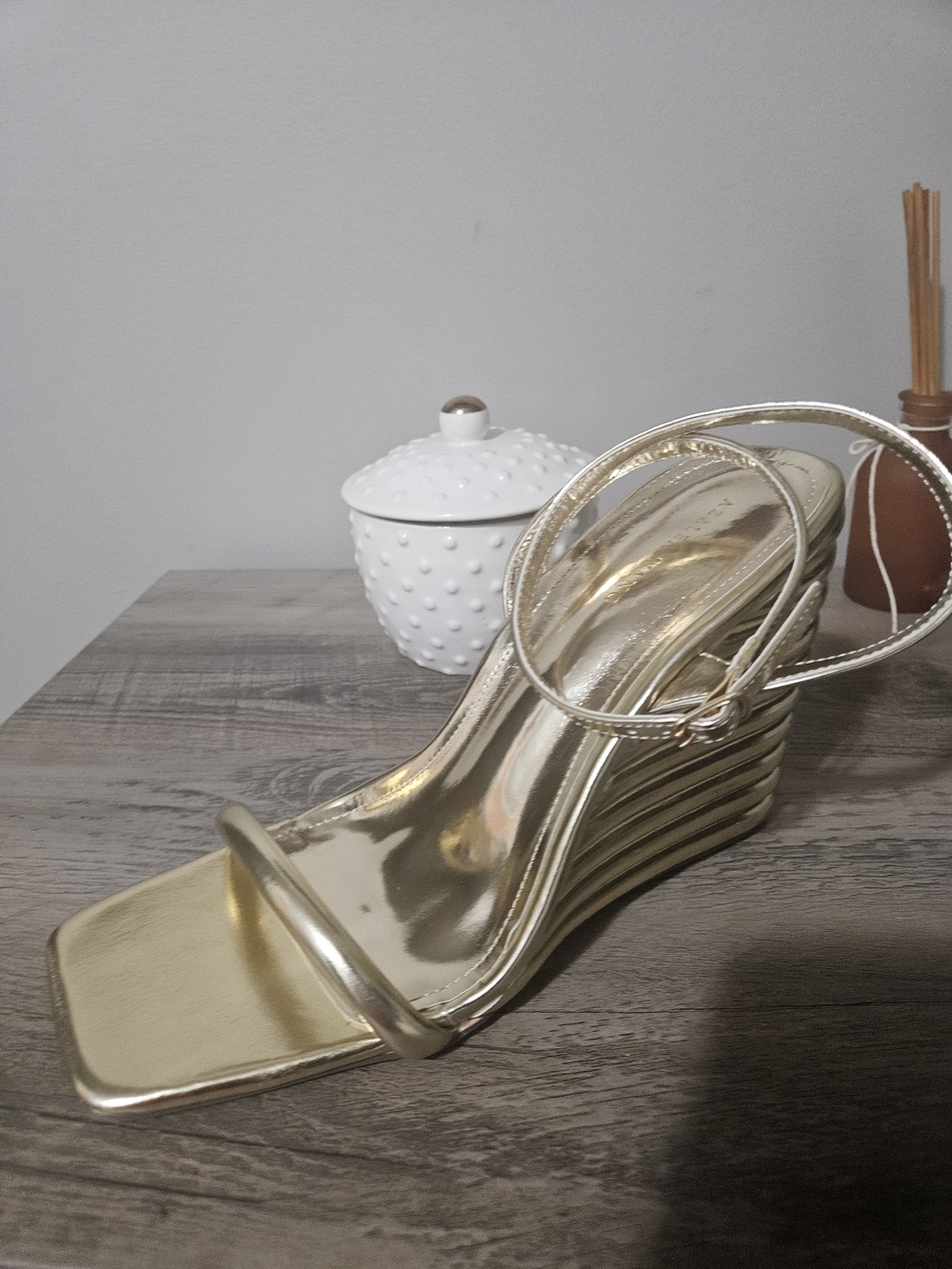 Metallic Gold Strappy Wedge Sandals with Ankle Strap